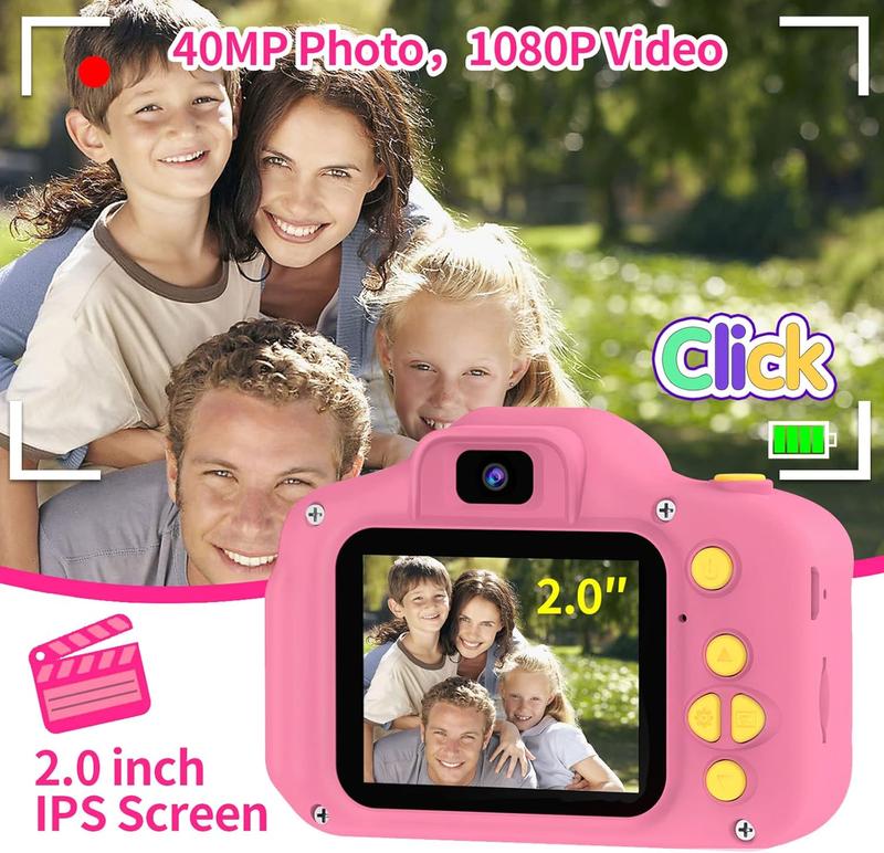 Kids Camera for Boys Girls - 2 Inch IPS Children Camera for Kids 1080P Video Camcorder Toddler Camera Birthday Gifts for 6 7 8 9 10 11 12Year Old Girls Boys with SD Card (Pink) Cable Charging