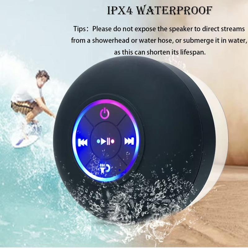 Waterproof speaker, portable wireless speaker with suction cup, USB rechargeable black speaker, with a playback time of 2 hours, suitable for parties, bathrooms, travel, homes, and outdoors (suction cup must be on a smooth surface to use)