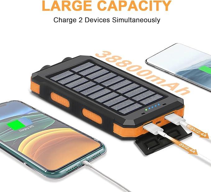 Portable Solar Power Bank 10000mAh, Waterproof Backup Battery Pack with Dual USB 5V Outputs & LED Flashlights, Ideal for Outdoor Camping and Travel, Compatible with All Phones Accessories Smartphone