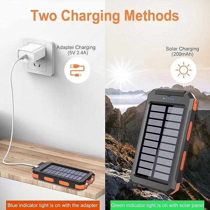 Portable Solar Power Bank 10000mAh, Waterproof Backup Battery Pack with Dual USB 5V Outputs & LED Flashlights, Ideal for Outdoor Camping and Travel, Compatible with All Phones Accessories Smartphone