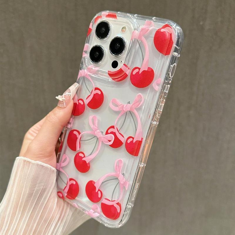 Fall Cherry Bow Pattern Phone Case, Shockproof Phone Protective Cover, Phone Accessories for iPhone Series 16 11 12 13 14 15 Pro Max 15 Plus