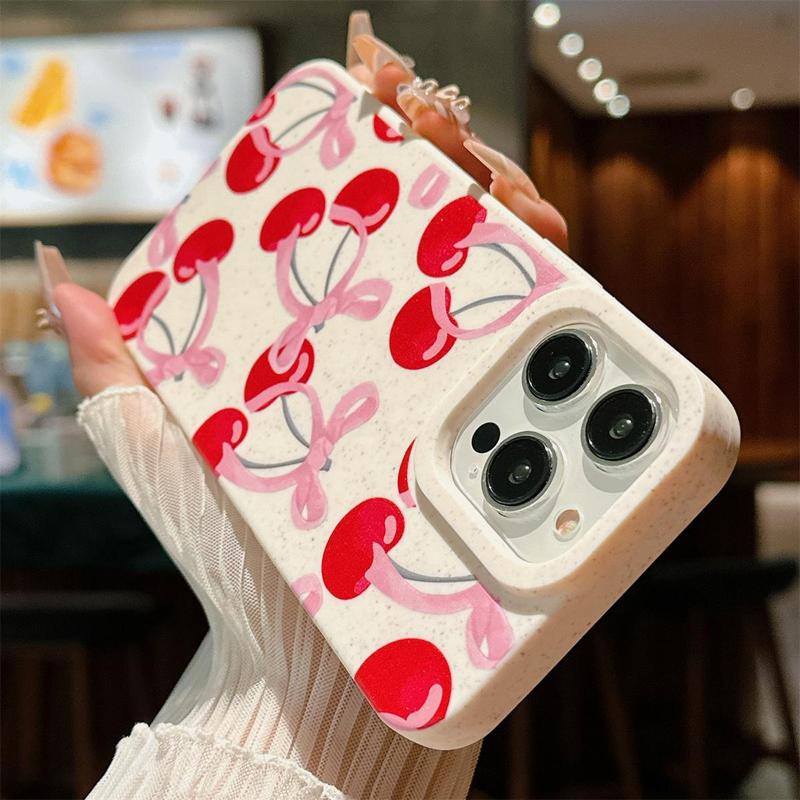 Fall Cherry Bow Pattern Phone Case, Shockproof Phone Protective Cover, Phone Accessories for iPhone Series 16 11 12 13 14 15 Pro Max 15 Plus