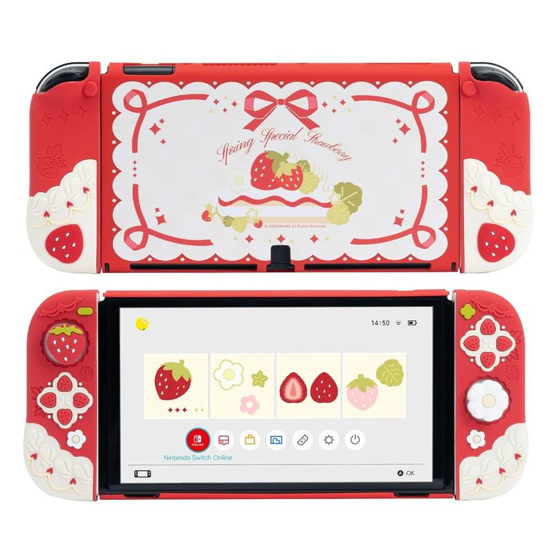 GeekShare Protective Case for Switch   OLED Slim Cover Console Accessories Protection christmas 2024 ornaments Compatible with Nintendo Switch Separable Soft Silicone Protective Shell for Joy Con with 2 Thumb Grip Caps-Strawberries with Cream