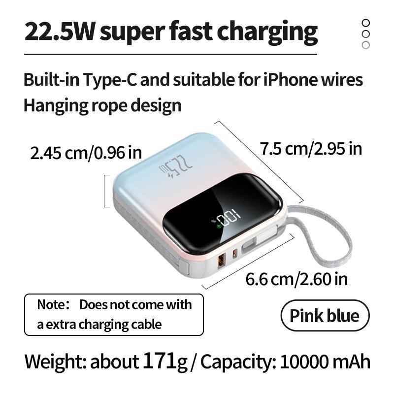 10000mAh 22.5W Super Fast Charging Power Bank, Portable Mini Power Bank with Built-in Cable, Smart Digital Display Mobile Charger for iPhone & Android