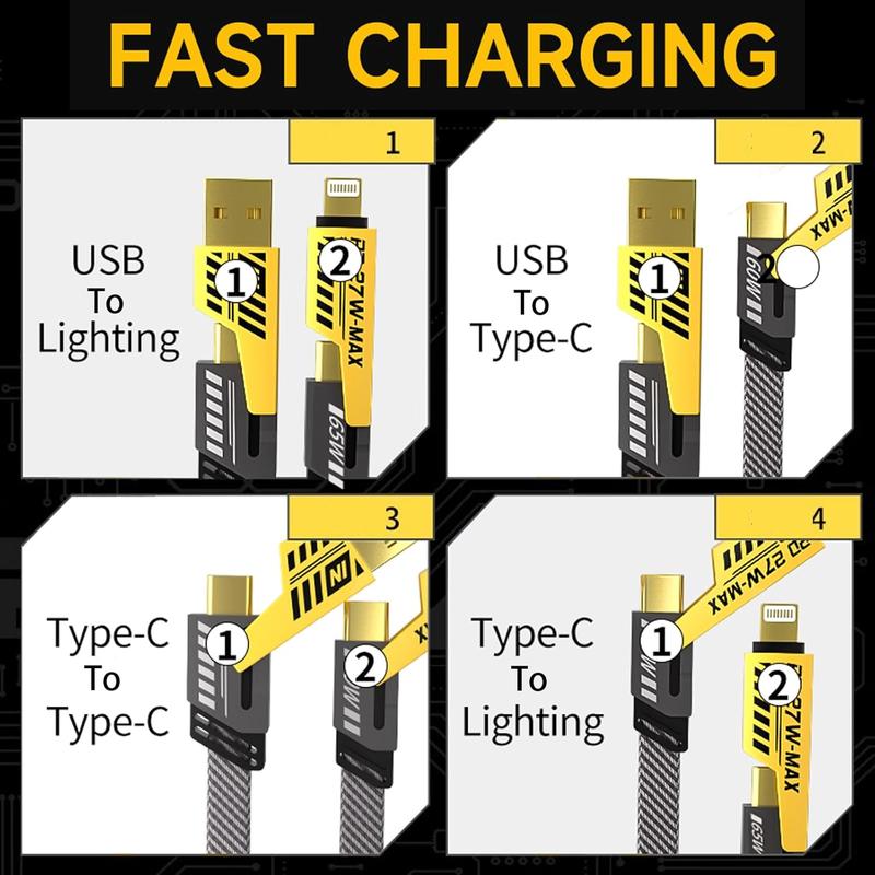 Dual Head Type-c Charging Cable  4-in-1 USB Charging Cable ，fast charging MAX 240W USB A+ TYPE C + Lightning Multi functional aluminum alloy 240W suitable for iPhone 15 14 Samsung Galaxy, Android Phones & Tablets iPad Pro Mobile Cellphone Charger