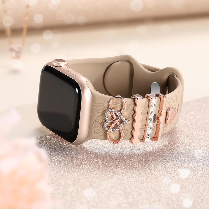 Flower Engraved Watch Band with Watch Warms, 1 Set Sport Watch Band with 5 Rhinestone Decorative Charms, Watch Accessories for iWatch 9 8 7 6 5 4 3 2 1 SE