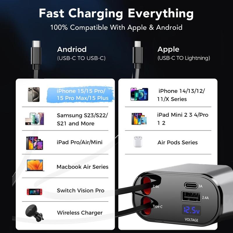 4 in 1 Retractable Car Charger, Car Accessories, 2 Fast Charging cables&Dual Charge Port Compatible with iPhone 16 15 14 13 12 11 Pro Max Plus iPad AirPods, Samsung Galaxy S series, Electronic Retractable Car Retractable Dual