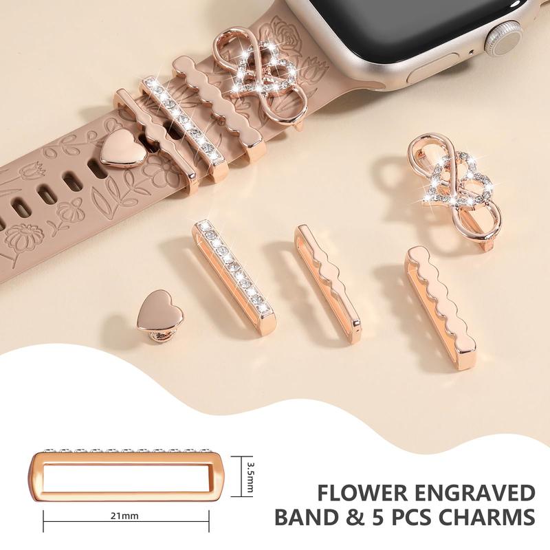 Flower Engraved Watch Band with Watch Warms, 1 Set Sport Watch Band with 5 Rhinestone Decorative Charms, Watch Accessories for iWatch 9 8 7 6 5 4 3 2 1 SE