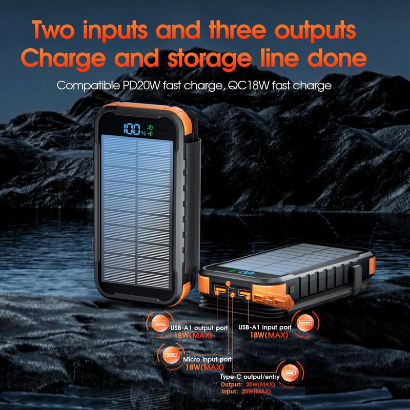 Solar Power Bank with 4 Solar Folding Panels, 20000mAh Portable Charger with LED Digital Display Flashlight, Portable Solar Charger for Smartphone Tablet, Stocking Fillers Gift