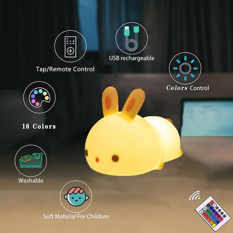 Cute Bunny Night Light, USB Rechargeable Kids Night Light, Warm White and 16 Colors Breathing Modes Led Animal Lights for Girls, Childrens, Toddler, Baby and Kids Christmas Gifts permanent outdoor lights