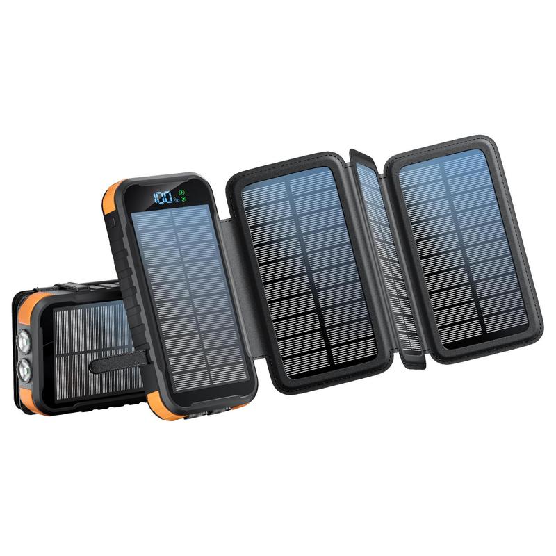 Solar Power Bank with 4 Solar Folding Panels, 20000mAh Portable Charger with LED Digital Display Flashlight, Portable Solar Charger for Smartphone Tablet, Stocking Fillers Gift