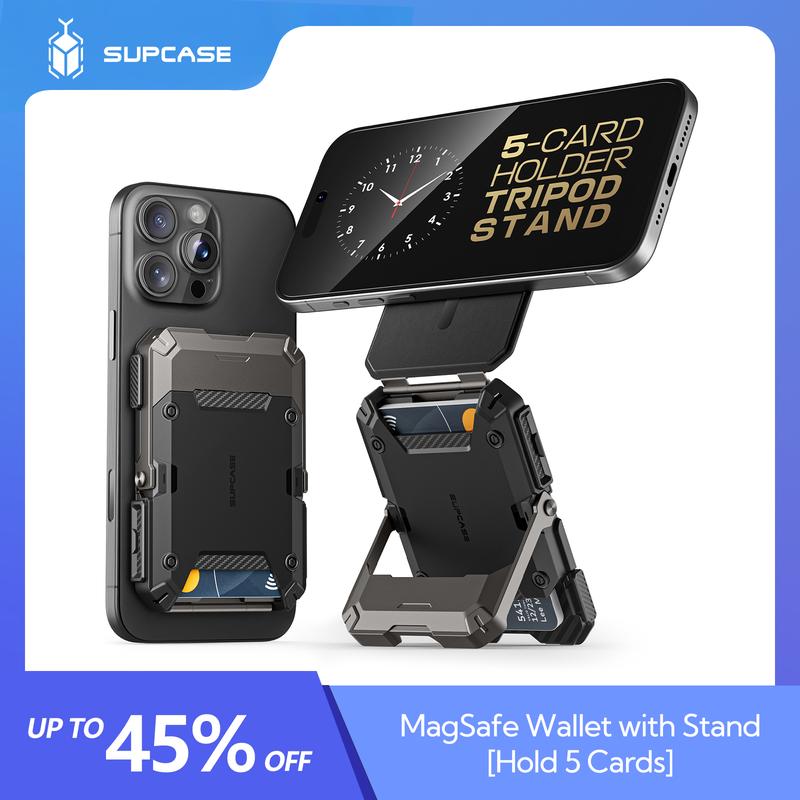 SUPCASE Magnetic Wallet with Stand Compatible with MagSafe, [Hold 5 Cards] [Adjustable Stand] [RFID Blocking] Tripod Phone Stand Magnetic Credit Card Holder for iPhone 16 15 14 13 12 Series, Black