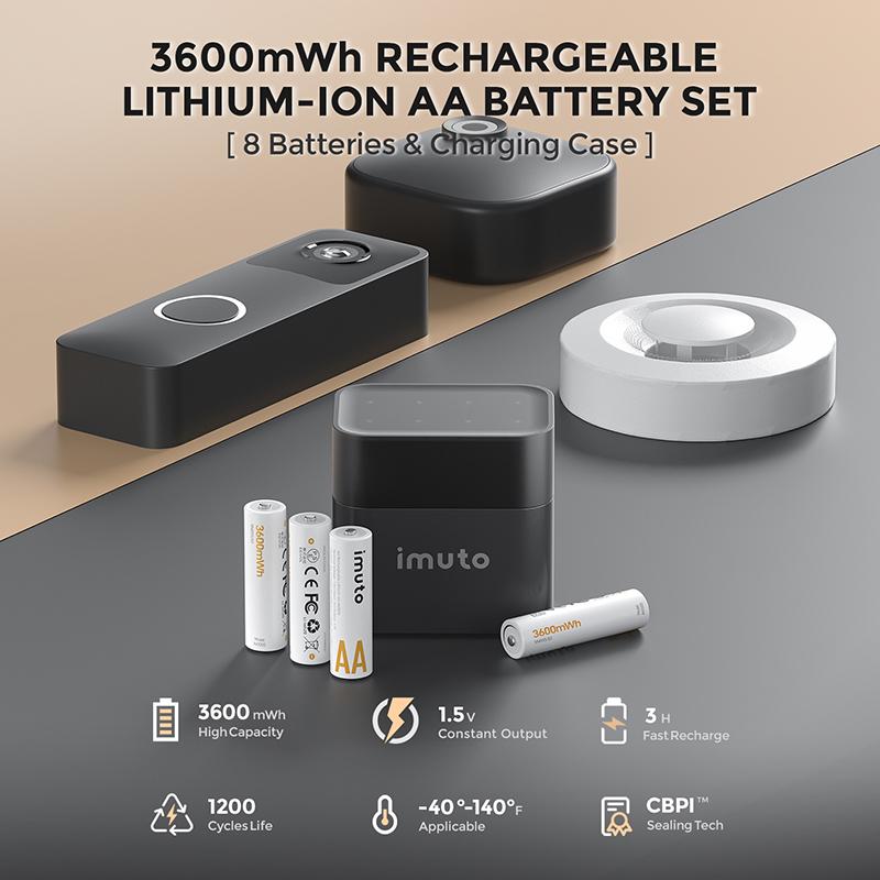 Brand New imuto 3600mWh Rechargeable Lithium AA Batteries with Fast Charger Case, 8 Pack 1.5V Long Lasting Double A Lithium-ion Batteries, 3H Fast Charge, Recharge up to 1200x Times