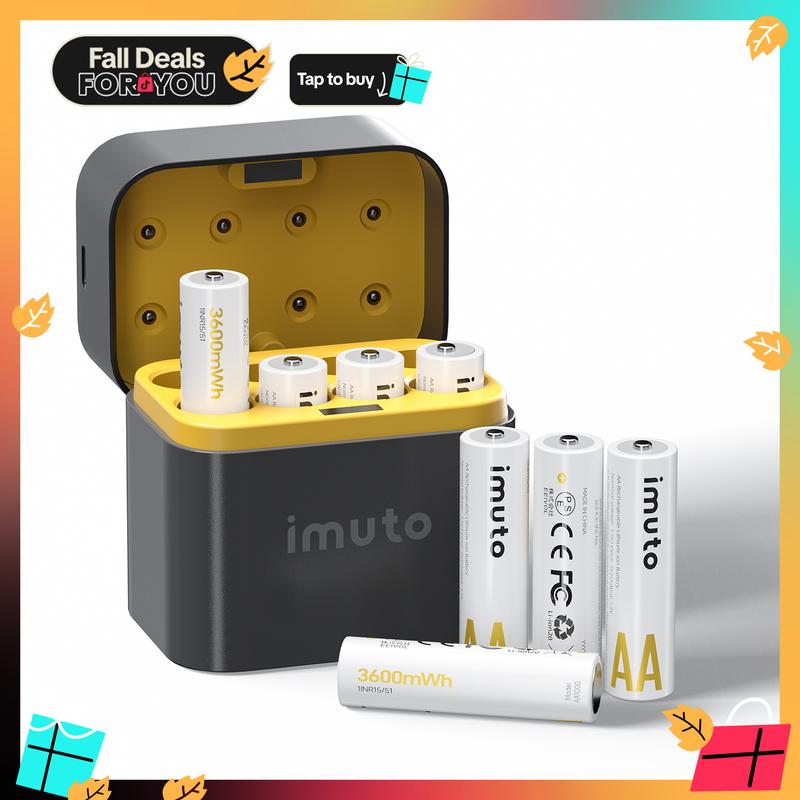 Brand New imuto 3600mWh Rechargeable Lithium AA Batteries with Fast Charger Case, 8 Pack 1.5V Long Lasting Double A Lithium-ion Batteries, 3H Fast Charge, Recharge up to 1200x Times