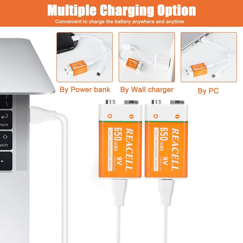 9V Rechargeable Batteries with 2 in 1 USB C Charge Cable, 9 Volt Batteries 6F22 for Smoke Detector Alarms, 2 Pack Accessories Charging