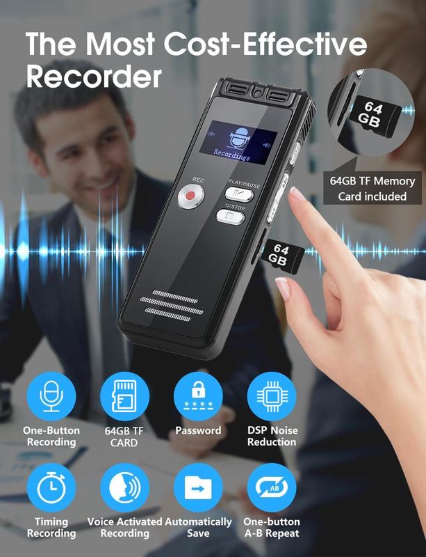 64GB Digital Voice Activated Recorder with Playback - 4552 Hours Audio Recording Device, 3072Kpbs HD Dual MIC voicerecorder 