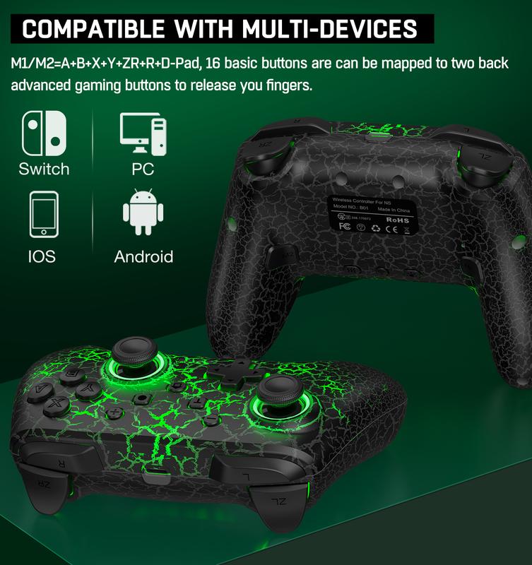 Wireless Switch Pro Controller,Switch Controllers Compatible With Nintendo Switch Lite OLED,Multi-Platform IOS Android Wired PC,Switch Pro Controller With 9 Adjustable Light Colors,Programmable,TURBO（XBOX Not Supported）