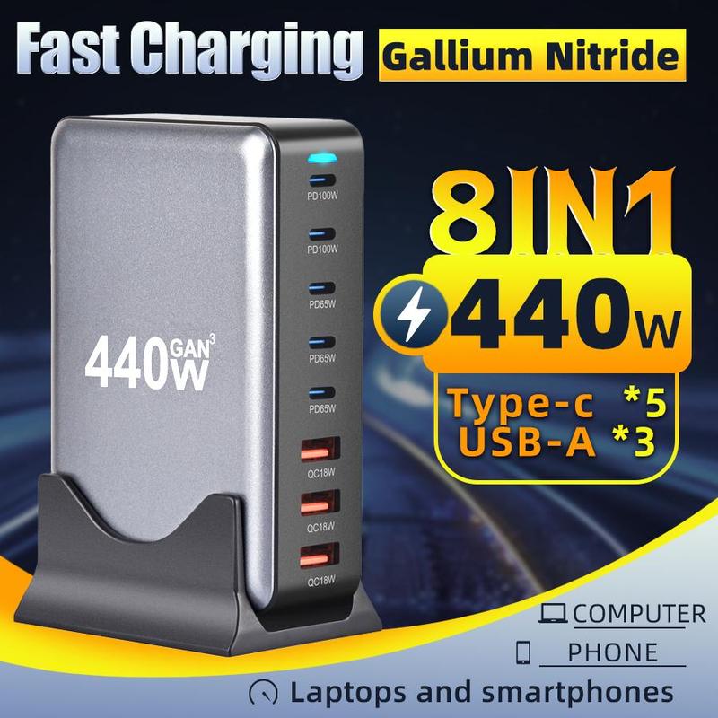 440W Fast Charging Station, 1 Count Multifunctional Desktop Charger, 8-Port Large Power Charger, USB-A & Type-C Charger for Phone, Watch, Computer, Earphone