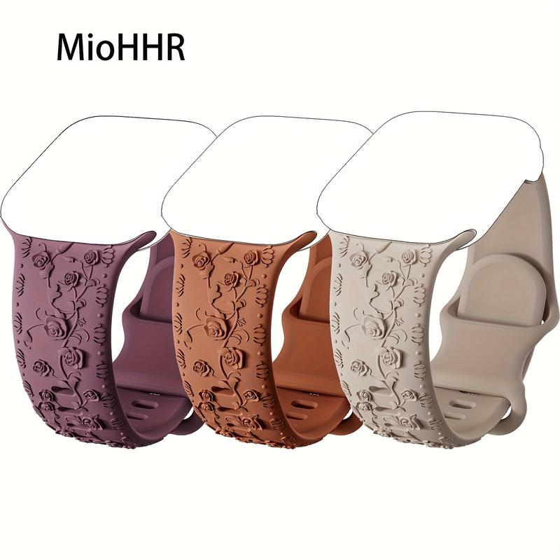 3 Pack Floral Carved Apple Watch Strap 40mm 41mm 38mm 45mm 44mm 49mm 42mm Women Men, Silicone Cute Floral Embossed Rose Flowers Print Sports Strap, for IWatch Strap Series 9 8 7 6 5 4 3 2 1 SE 2nd Ultra 2 1