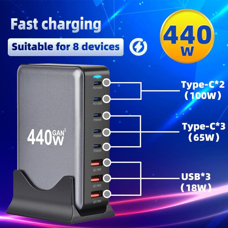 440W Fast Charging Station, 1 Count Multifunctional Desktop Charger, 8-Port Large Power Charger, USB-A & Type-C Charger for Phone, Watch, Computer, Earphone