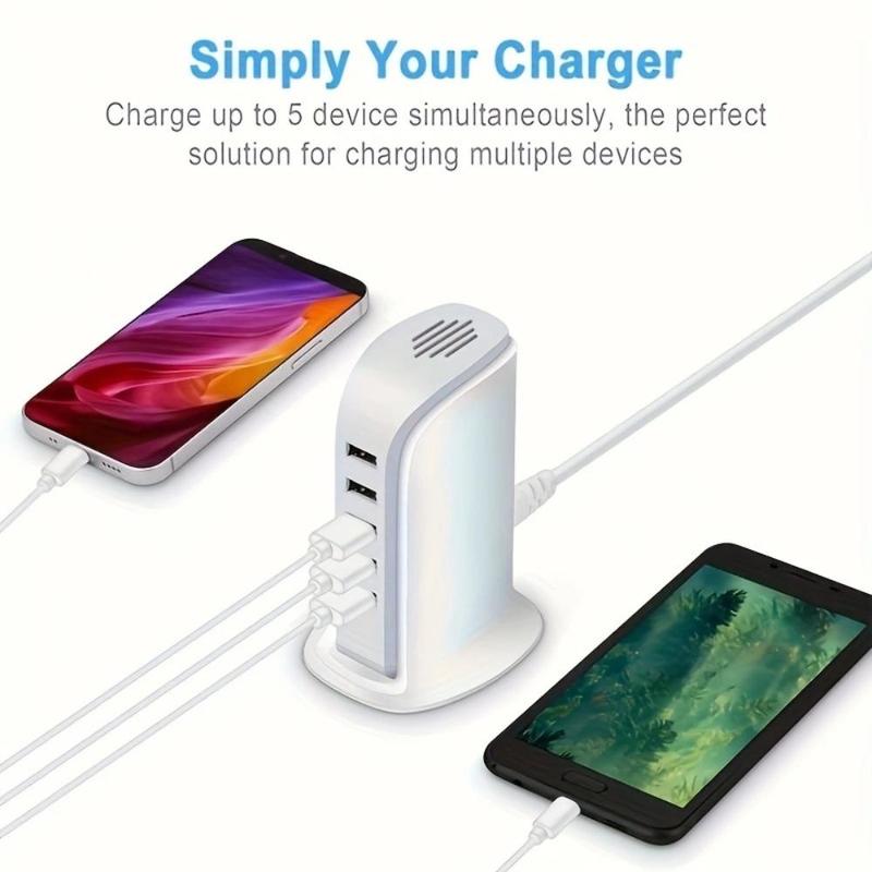 Portable Charger, 5-Port USB Charging Station, Multi-functional Desk USB Mobile Phone Charger for iPhone iPad Kindle Smartphone Electronic Devices, USB Charging Station with 5ft Cable