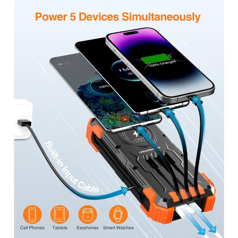 Sudrov 42800mAh Solar Charger Power Bank  Wireless Charger Built in 4 Cables 7 Outputs 15 Watts Fast Charging Power Bank for All Mobile Devices with Dual Flashlights, Carabiner and Thermometer