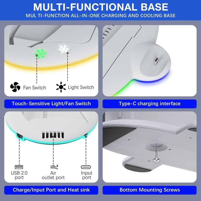 Multifunctional Cooling Base for PS5, Three Speed Adjustable Cooling Station with RGB Light, Game Console Accessories for Home