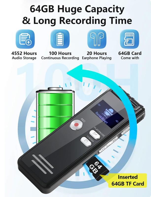 64GB Digital Voice Activated Recorder with Playback - 4552 Hours Audio Recording Device, 3072Kpbs HD Dual MIC voicerecorder 