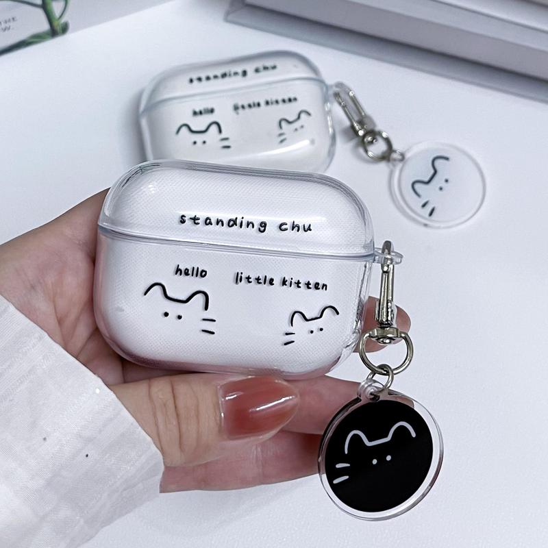 Cute Cat Design Earphone Case with Keychain, 1 Count Earphone Protective Cover, Earphone Accessories Compatible with AirPods