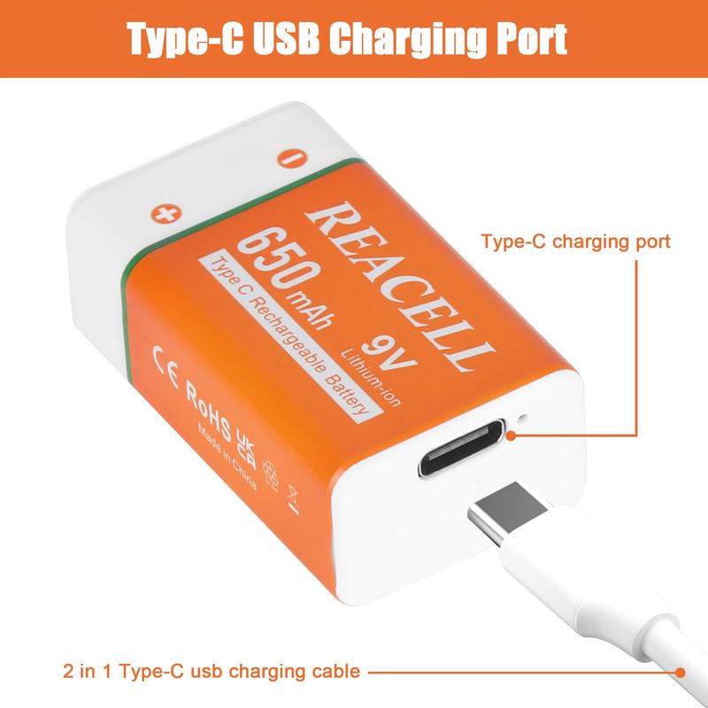 9V Rechargeable Batteries with 2 in 1 USB C Charge Cable, 9 Volt Batteries 6F22 for Smoke Detector Alarms, 2 Pack Accessories Charging