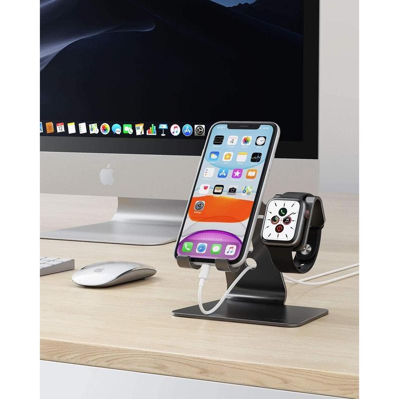 Desktop Stand Holder for Apple Watch - 2 in 1 Universal Design for iPhone 16 15 14 13 12 and Apple Watch Series 9 8 SE2 7 6 SE 5 4 3 2 (Compatible with 38 40 41 42 44 45mm) - Black