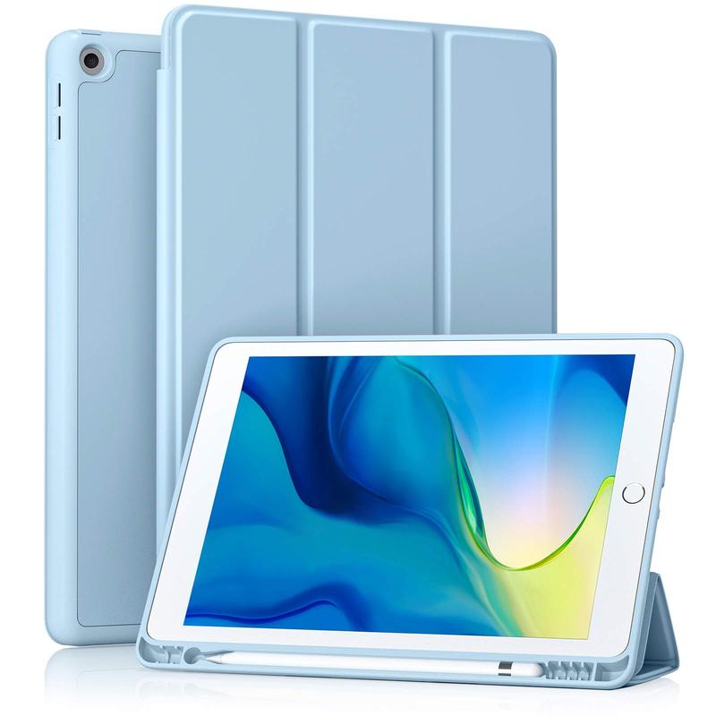 Case Compatible with iPad 10.2 Inch 2021 2020 2019, for iPad 9th 8th 7th Generation Case with Pencil Holder, Protective Case with Soft TPU Back, Auto Sleep Wake Cover, Sky Blue