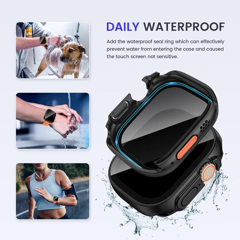 Goton 2-in-1 waterproof privacy case for Apple Watch Ultra2 2024 screen protector 49mm, front anti spy tempered glass face cover back bumper for iWatch accessories 49mm