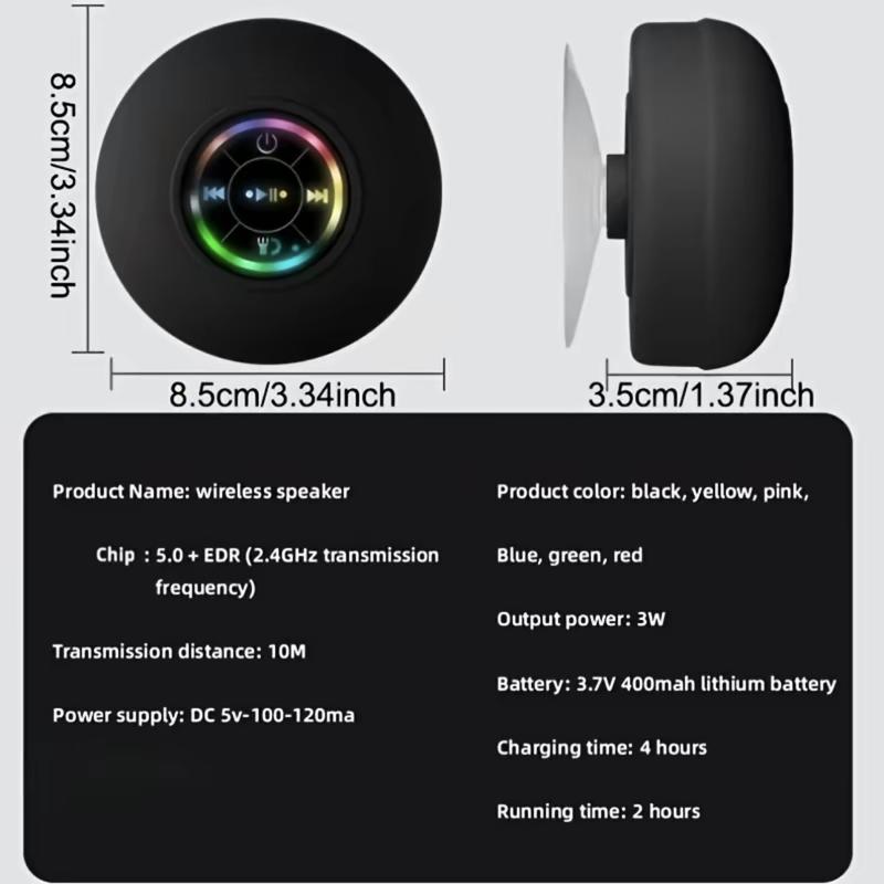 Waterproof Shower Speaker with RGB LED Light and Mini Bluetooth Hands-Free Calling - Audio, Smartphone