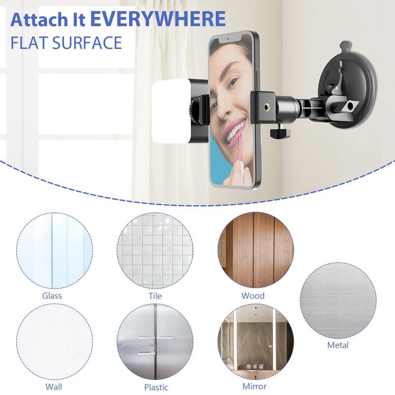 Suction Cup Mirror Phone Holder with Light, Adjustable Travel Wall Phone Camera Mount for Makeup Content Creator, Mirror Tripod for Home Kitchen Compatible with Smooth Surface, Phone Accessories