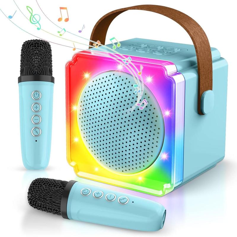 Portable Mini Wireless Karaoke Machine, Rechargeable Speaker with 2 Wireless Microphones, LED Colorful Light Speaker for Birthday Party, Holiday Gift