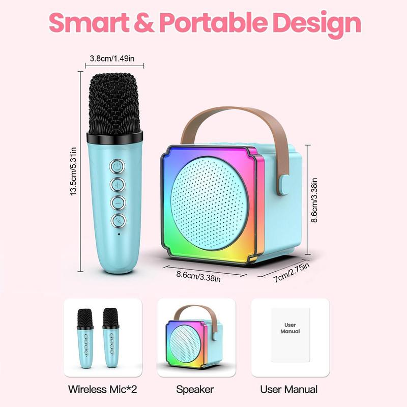 Portable Mini Wireless Karaoke Machine, Rechargeable Speaker with 2 Wireless Microphones, LED Colorful Light Speaker for Birthday Party, Holiday Gift