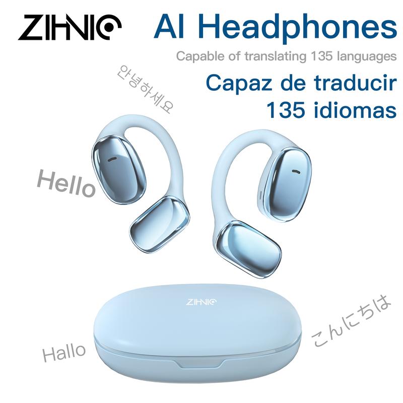 ZIHNIC S11 Open Ear AI Translation Headphones With Charging Case, Comfort Wireless Earbuds,Bluetooth V5.4,Instant Translation Earphones Support 135 Languages,AI Chat,Blue Audio Electronic translation earbuds