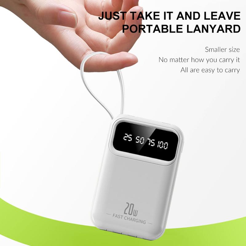 Portable Charger with Built-in Cable, 10,000mAh Capacity, Built-in Type-C and iOS Output Cable, Slim Travel Essentials Battery Pack with LED Display for iPhone Series, Android Phones and Most Electronic Devices