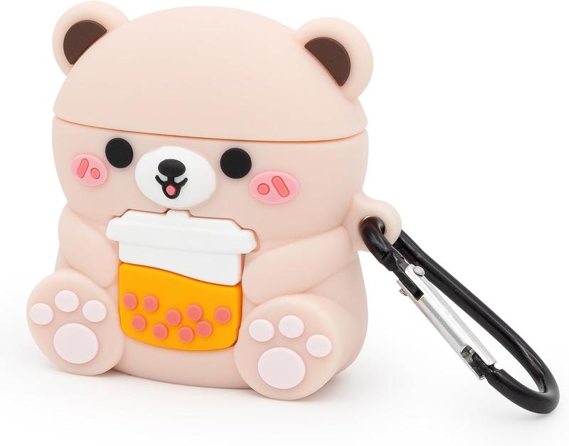 Cute Airpods Case, Boba  Bear Airpods 2 Case, Funny Cartoon 3D  Soft PVC Shockproof  Case Cover with Carabiner for Airpods 1st Generation, Airpods 2nd Generation