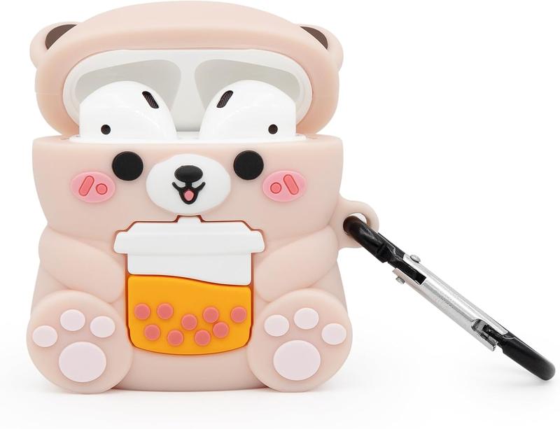 Cute Airpods Case, Boba  Bear Airpods 2 Case, Funny Cartoon 3D  Soft PVC Shockproof  Case Cover with Carabiner for Airpods 1st Generation, Airpods 2nd Generation