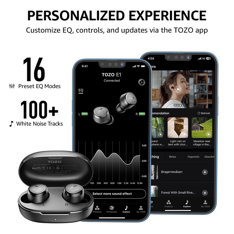 TOZO E1 Wireless Earbuds Build in Mic Clear Calls Ergonomic Light-Weight Bluetooth 5.3 in Ear Headphones IPX6 Waterproof Premium Stereo Sound Headset 30H Playtime with 32 EQs via APP, Black