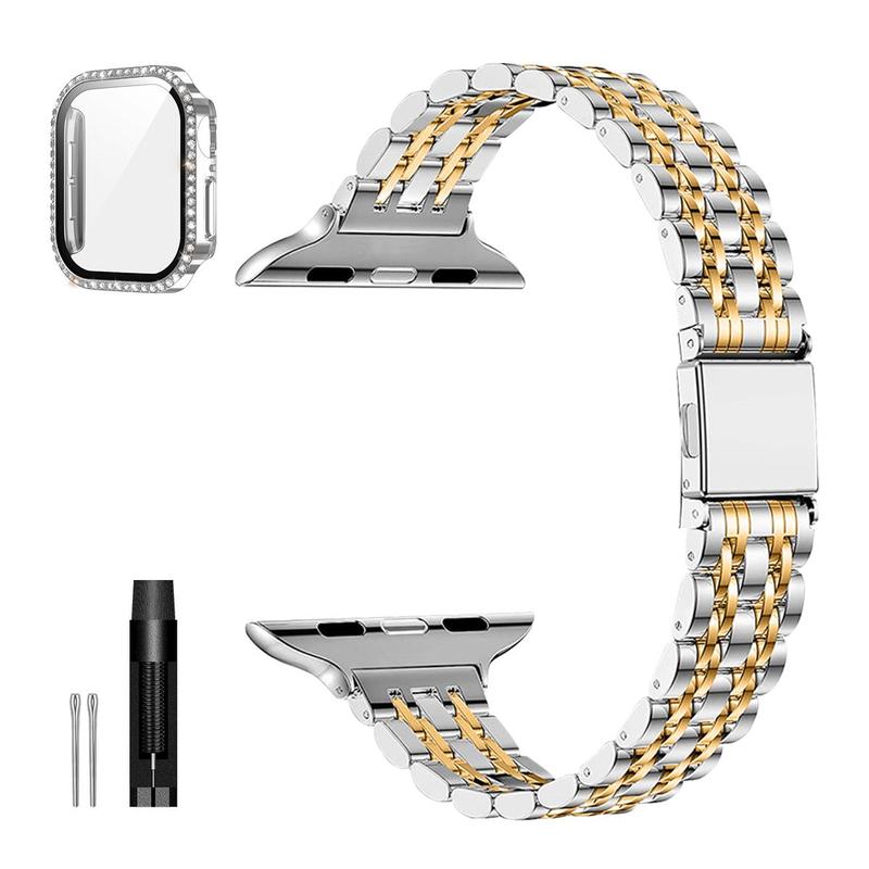 Fashion Watch Band with PC Case Film Integrated Protective Case, Stainless Steel Watch Band Compatible with Apple Watch 9 8 7 6 5 4 3 2 1 SE SE2