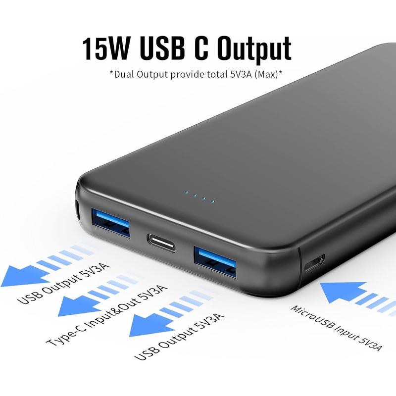 Portable Charger Power , 15W Fast  10000mAh External Power , USB-C in&Out  Pack for  15 14 13 12 Series,  Galaxy, etc (Black)