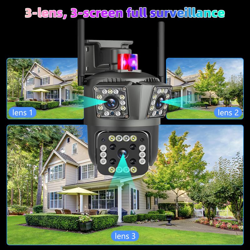 9MP Outdoor Waterproof Wireless WiFi HD Security Camera, 3 Lens Security Camera, 360 View Security Camera, Auto Tracking Color Night Vision (3 Lens)