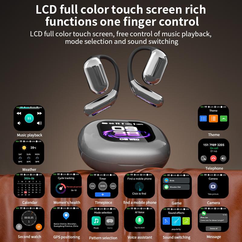 Touchscreen OWS open ear earbuds Bluetooth IPX5 waterproof headset HIFI sound Fullcolor display charging case Light-weight sports Audio Wireless