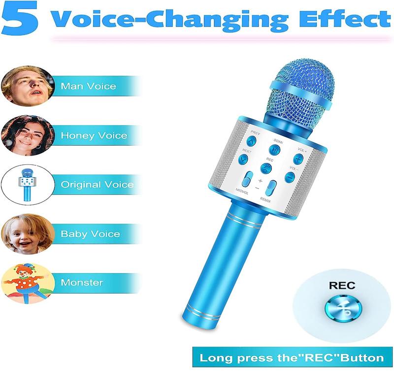 Karaoke Microphone for Kids, 5-in-1 Wireless Handheld Kareoke Mic Speaker for Singing, Karaoke Machine for Adult with 2 Independent Package, DIY Stickers, Gifts for Birthday Party, Blue Stereo Audio Karaoke Microphone for Boys Girls, Wireless Connection