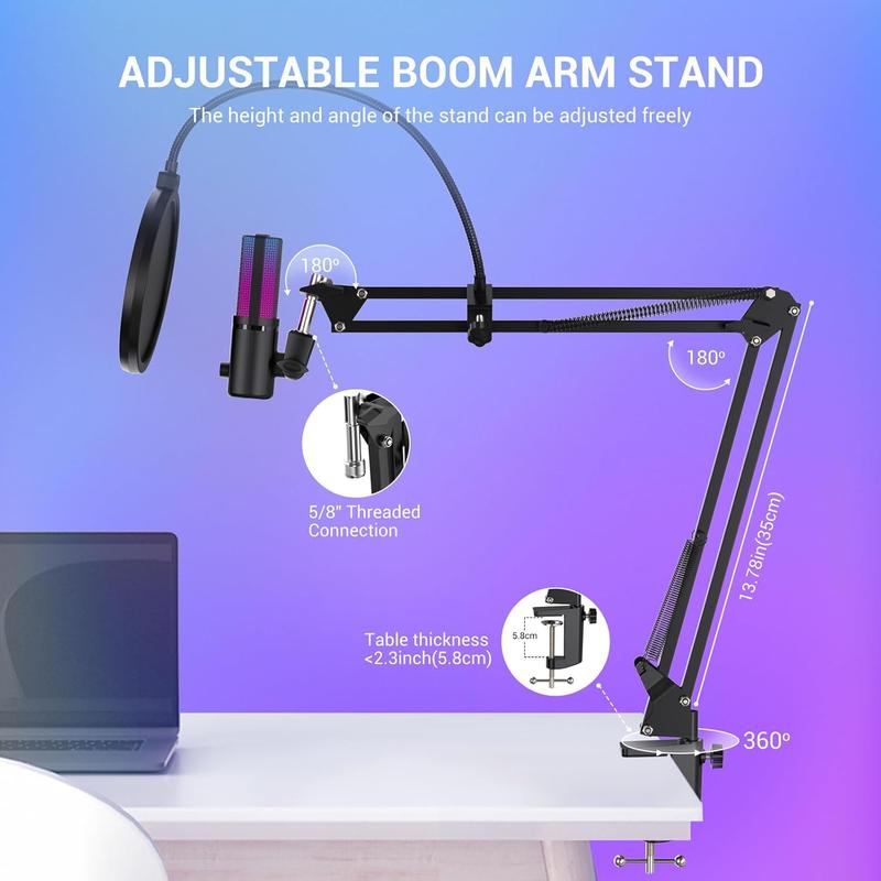 Gaming USB Microphone, RGB Condenser mic with Mute, Gain, , Boom Arm for Streaming, Podcast, Twitch, YouTube, PC, Computer, PS5, (M160+)