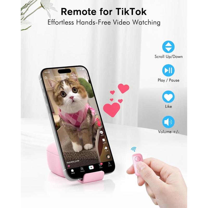 Remote Scrolling Ring for TikTok, 2-in-1 TIK Tok Scroller Ring with Phone Holder, Wireless Page Turner for iPad iPhone Ebook Reading, Photo Taking Video Recording Remote for iOS Android Devices Black tiktok  remote scroller  remote