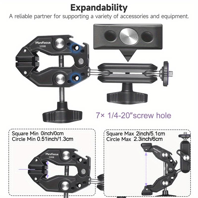 Multi-functional camera clip set with 360° swivel magic arm, dual ball head adapter and ARRI hole - Includes phone mount and sports camera mount - Lightweight aluminum for Canon, Nikon, GoPro, LED lights and more